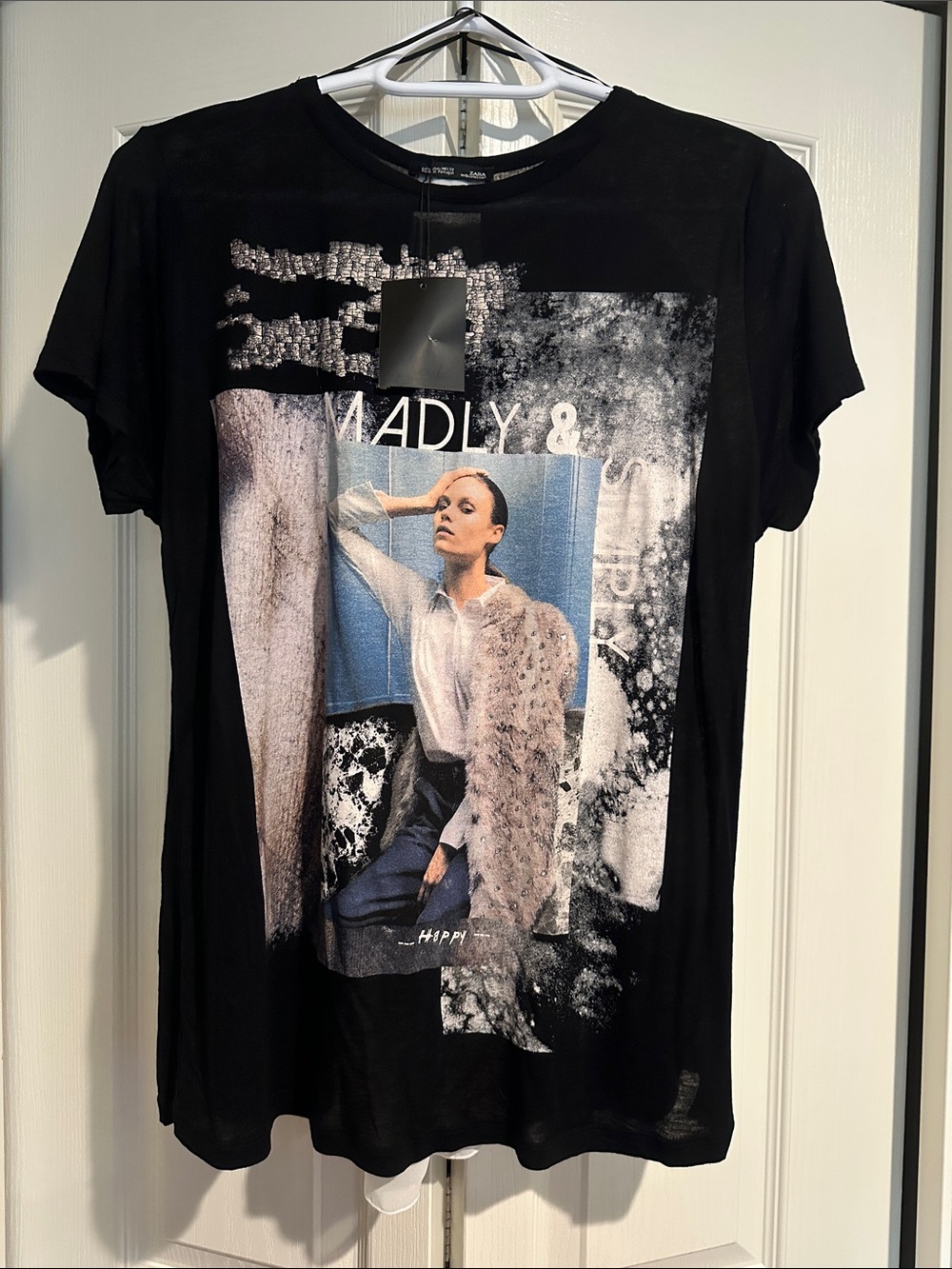 Black Graphic Short-Sleeve Tee with Editorial Photo Print & Clear Rhinestones